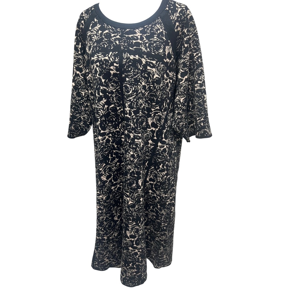 Taylor Woman Dress 3X Black Tan Floral Knit Sheath Midi Rose Office Neutral